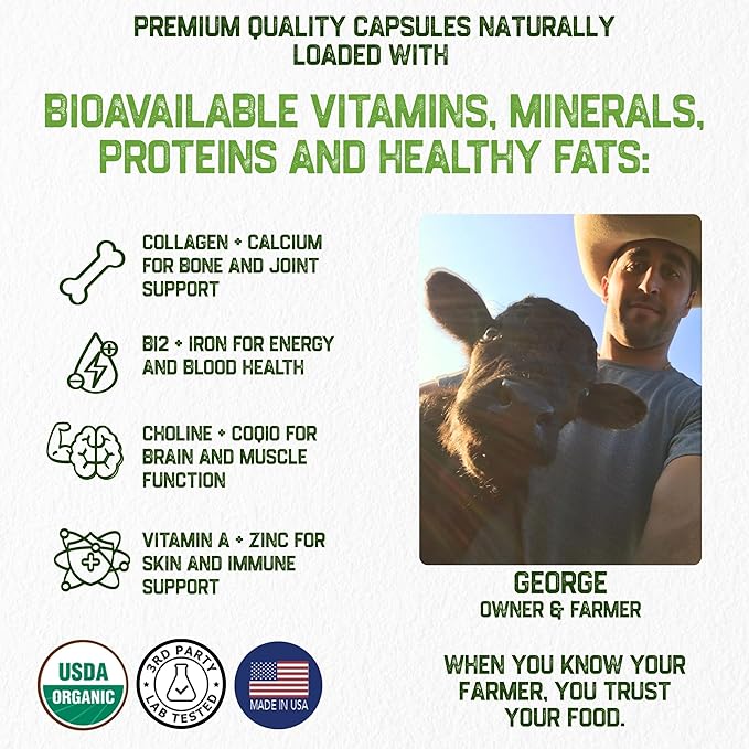 Grassfat Farm - USDA Certified Organic 100% Grassfed Beef Organ Supplements - Whole Cow with Nothing Added - Beef Liver, Kidney, Lungs, Heart, Bone & Muscle - NO Uterus or Fallopian - 30-Day Supply