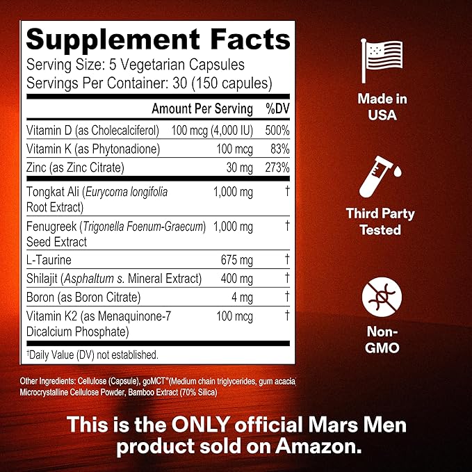 Testosterone Booster for Men - Natural Supplement Premium Tongkat Ali, Fenugreek, Shilajit & Boron - Male Support - Libido, Energy & Muscle Growth Support - 30 Servings