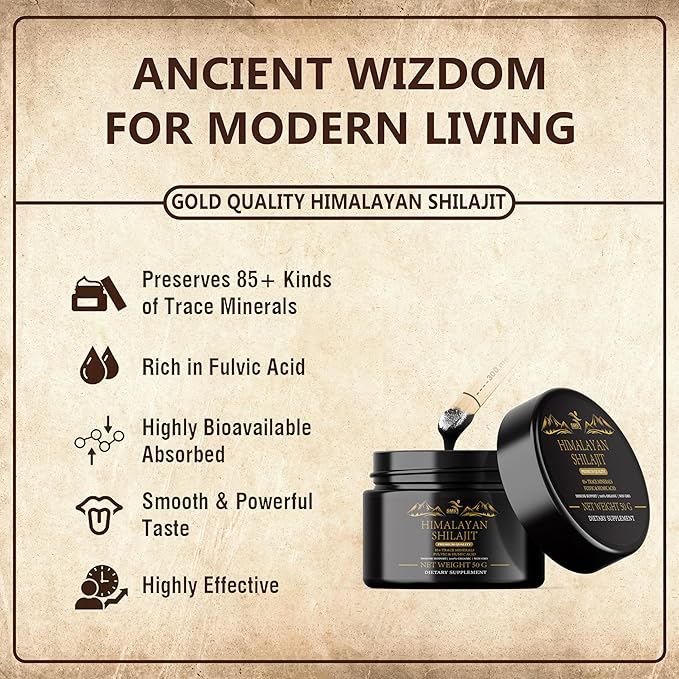 Shilajit Himalayan Resin - Gold Grade 100% Pure Shilajit with Fulvic Acid & 85+ Trace Minerals Complex for Energy & Immune Support - 50g