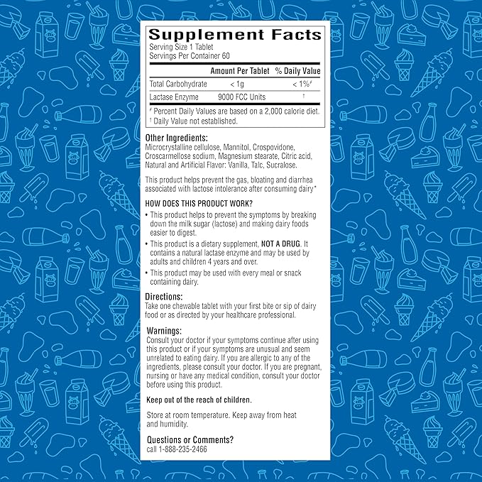 A+Health Dairy Relief Lactase Enzyme 9000 FCC Chewable Tablets, 60 Count, Fast Acting, Dye-Free, Dietary Supplement, Vanilla Flavor, Single Serve Pouches, for Adults and Children 4 Years and Up