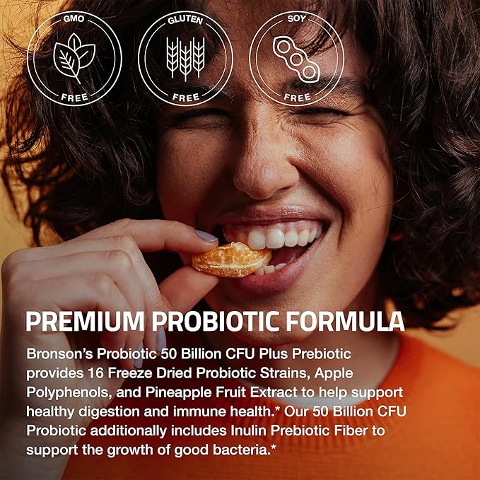 Bronson Probiotic 50 Billion CFU + Prebiotic with Apple Polyphenols & Pineapple Fruit Extract for Women & Men Non-GMO, 60 Vegetarian Capsules