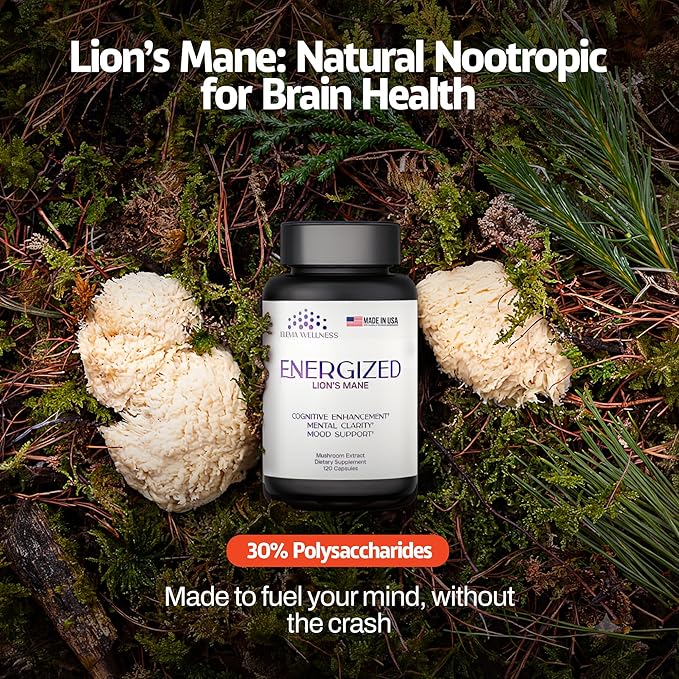 Energized Lions Mane Supplement Capsules (120ct),Brain Supplements for Memory and Focus, Nootropic for Brain Fog Relief Made in USA,30% Polysaccharides,Natural Brain Health Support