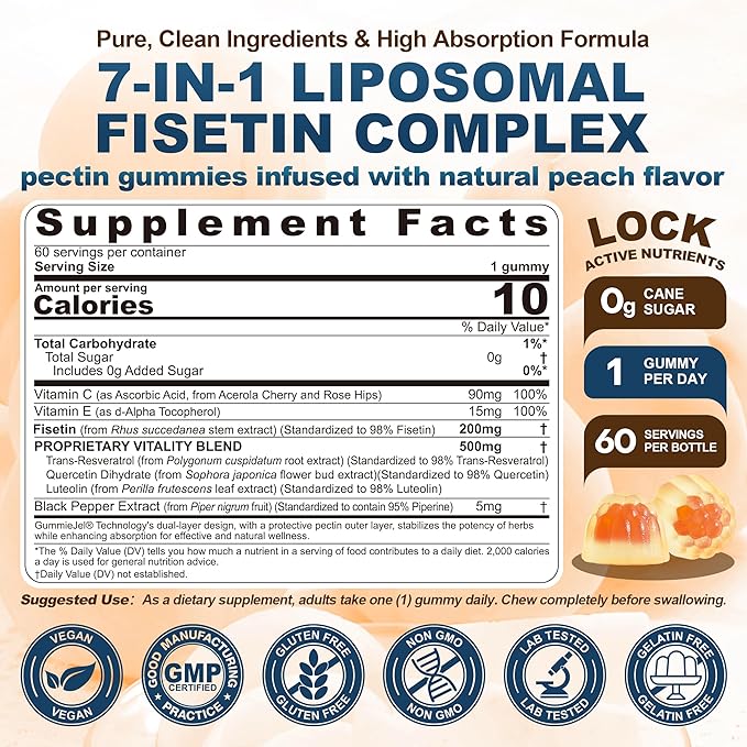 1Pack Liposomal Fisetin 200mg Liquid Gummies + 2Pack Moringa Gummies 1000mg, Sugar Free