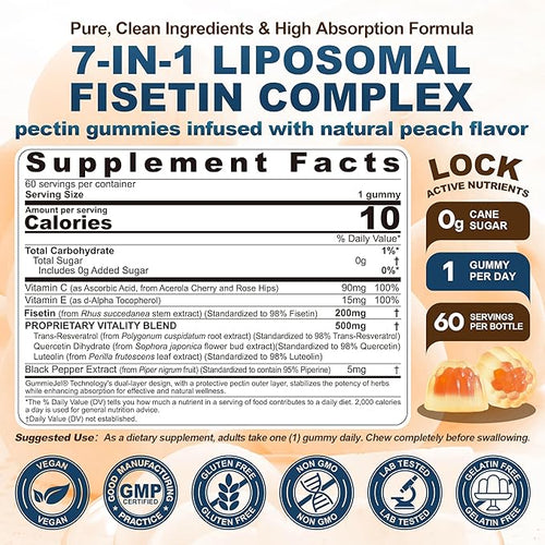 1Pack Liposomal Fisetin 200mg Liquid Gummies + 2Pack Moringa Gummies 1000mg, Sugar Free