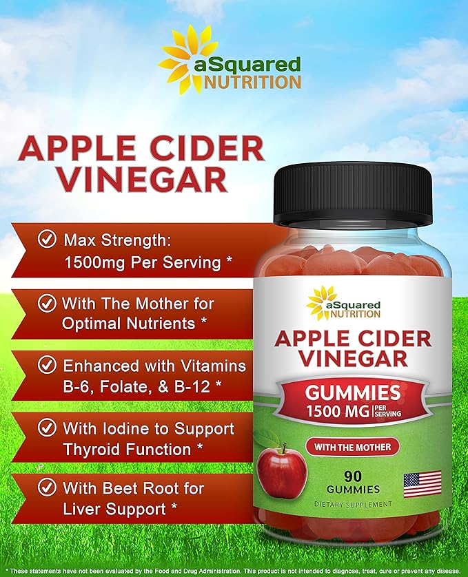 aSquared Nutrition Apple Cider Vinegar Gummies - 1500mg Per Serving - with The Mother - 90 ACV Gummies w/Vitamin B6 & B12, Folic Acid - Vegan Gummy Supplement Alternative to Capsules Pills & Drink
