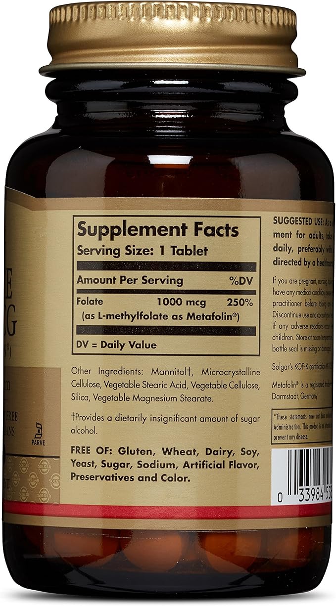 Solgar Folate 1000 mcg, 120 Tablets - 1000 mcg Bio-Active Metafolin - Vegan, Gluten Free, Dairy Free, Kosher - 120 Servings,(Pack of 2)