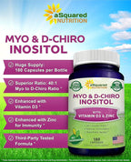 aSquared Nutrition Myo-Inositol & D-Chiro Inositol Supplement - 180 Capsules - Plus Vitamin D3 and Zinc - Myo & D-Chiro Inositol 40 to 1 Ratio - VIT B8 Complex Pills