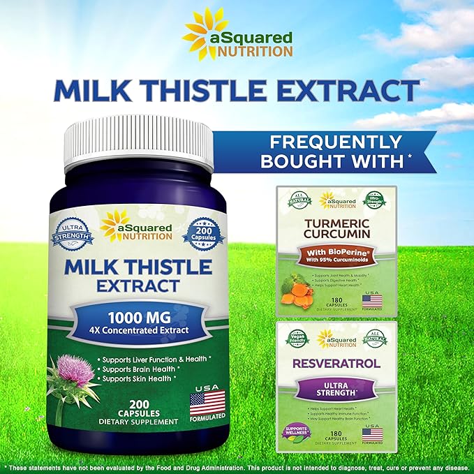 aSquared Nutrition Milk Thistle Supplement - 200 Capsules, Max Strength 4X Concentrated Extract 4:1 Milk Thistle Seed Powder Herb Pills, Silymarin Extract for Liver Support, Cleanse, Detox