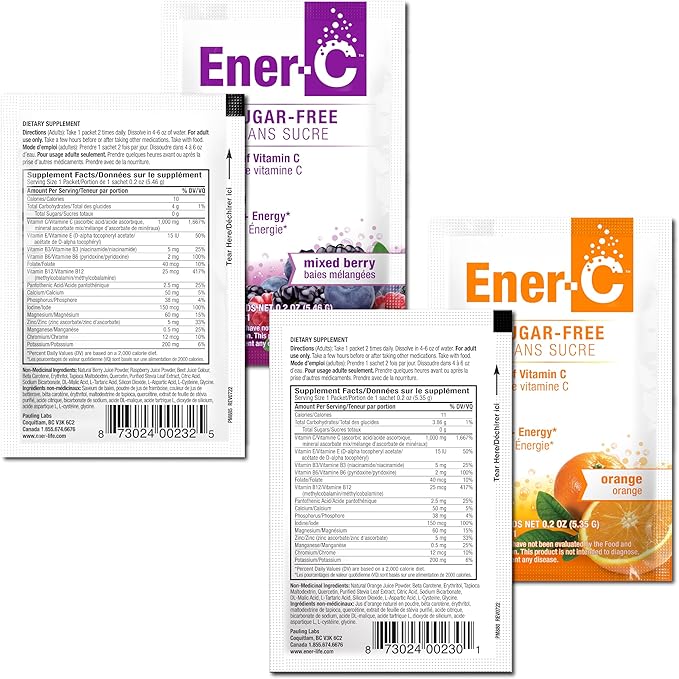 Ener-C Sugar Free Multivitamin Drink Mix - Vitamin Powder for Water, Electrolytes Powder No Sugar, Hydration Boost Packets, Zero Sugar, Vitamin C & B12 Supplement Liquid Mix - Orange & Berry, 60 Count
