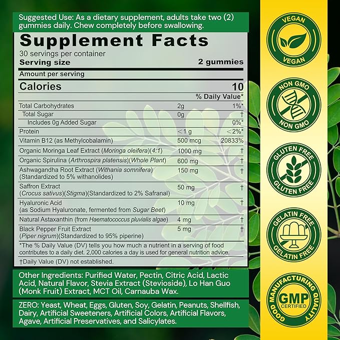 1Pack Liposomal Fisetin 200mg Liquid Gummies + 2Pack Moringa Gummies 1000mg, Sugar Free