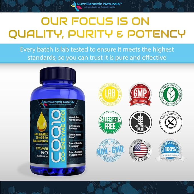 CoQ10, Coenzyme Q10, Highest Absorption with Organic Olive Oil, 100mg, 60 Softgels, Ubiquinone, Ubiquinol, Supports Heart Health, Increases Energy, Pure, Natural, Effective