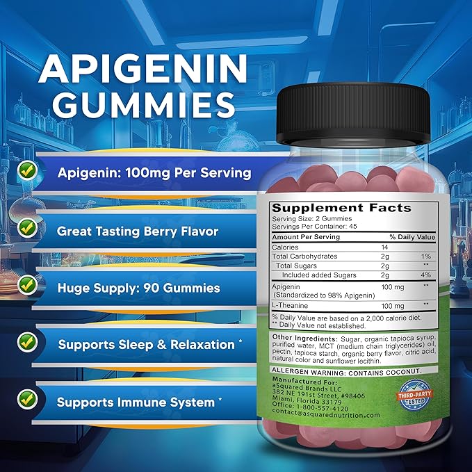 aSquared Nutrition Apigenin 100mg with L-Theanine 100mg Gummies - Apigenin Supplement for Sleep - Natural Extract Gummy Alternative to Capsules, Pills, Powder & Tea - 2 Per Serving (Pack of 3)
