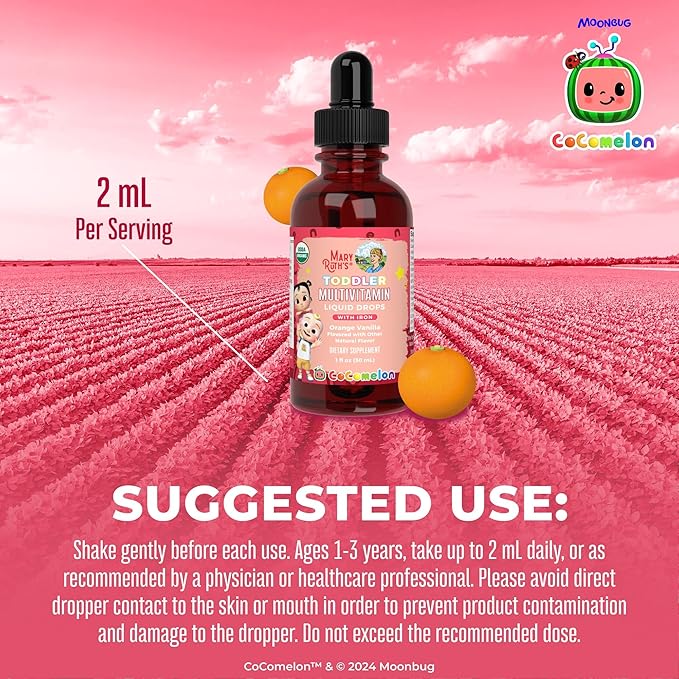 MARYRUTH'S Organics CoComelon Toddler Kids Multivitamin with Iron | Immune Support | Toddler Vitamins | USDA Organic | Sugar Free | Multivitamin Liquid Drops for Kids Ages 1-3 | Vegan | 1 Fl Oz