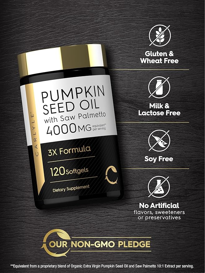 Carlyle Pumpkin Seed Oil with Saw Palmetto 4000 Mg | 120 Softgel Capsules | for Men & Women | 3X Formula with Biotin | Non-GMO, Gluten Free Supplement