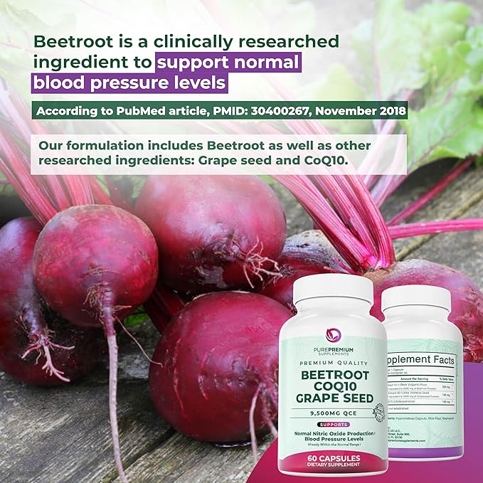 PurePremium Beet Root Capsules - 3-in-1 Blood Pressure Supplements with Beets, CoQ10 & Grapeseed - Beetroot Capsules Nitric Oxide Supplement for Normal Heart Health & Circulation Health - 60ct