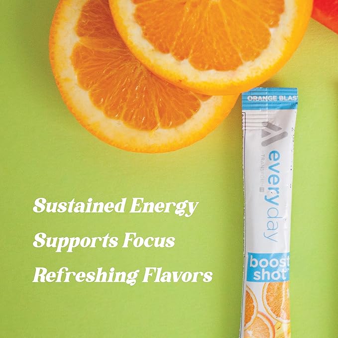 TransformHQ Boost Shot Powder Drink Stick Packets, Blue Raspberry, 7 Pack, Energy Supplements for Women & Men, with Caffeine, Vitamin B12, B9, B6 & B3