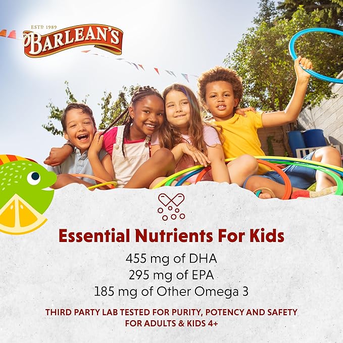 Barlean's Omega Pals Lipsmackin' Citrus Flavored Omega-3 for Kids, Yummy Children's Liquid Fish Oil Supplement with 750 mg of EPA & DHA for Brain & Eye Health, 8 oz, 2 Pack