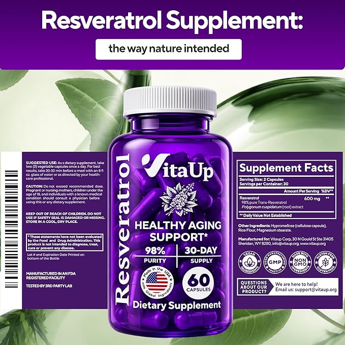 Trans-Resveratrol Supplement – 98% Purity USA Made Resveratrol Capsules 600mg - Standardized to 98% Trans-Resveratrol – Antioxidant for Healthy Aging & Energy Support – 60 Caps