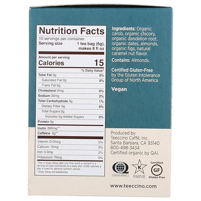 Teeccino Dandelion Caramel Nut Tea - 10 Tea Bags - Caffeine Free, Roasted Herbal Tea with Prebiotics, 3x More Herbs than Regular Tea Bags, Gluten Free