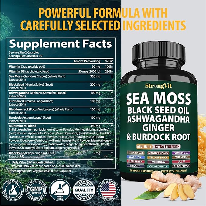 Sea Moss Black Seed Oil Ashwagandha Ginger, Organic Sea Moss Capsules with Burdock Root, Irish Seamoss Pills with Bladderwrack, Advanced Multimineral Supplement, USA