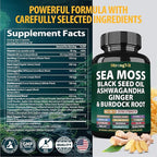 Sea Moss Black Seed Oil Ashwagandha Ginger, Organic Sea Moss Capsules with Burdock Root, Irish Seamoss Pills with Bladderwrack, Advanced Multimineral Supplement, USA