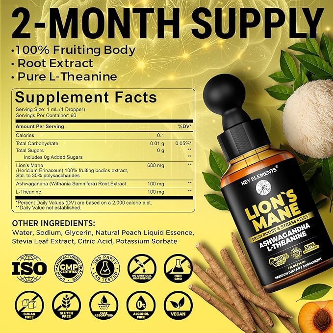 KEY ELEMENTS Smart Lions Mane Extract for Memory, Focus & Brain Health - Lions Mane Tincture with Ashwagandha and L Theanine - Liquid Lion's Mane Nootropic Mushroom Supplement - 2 Month Supply