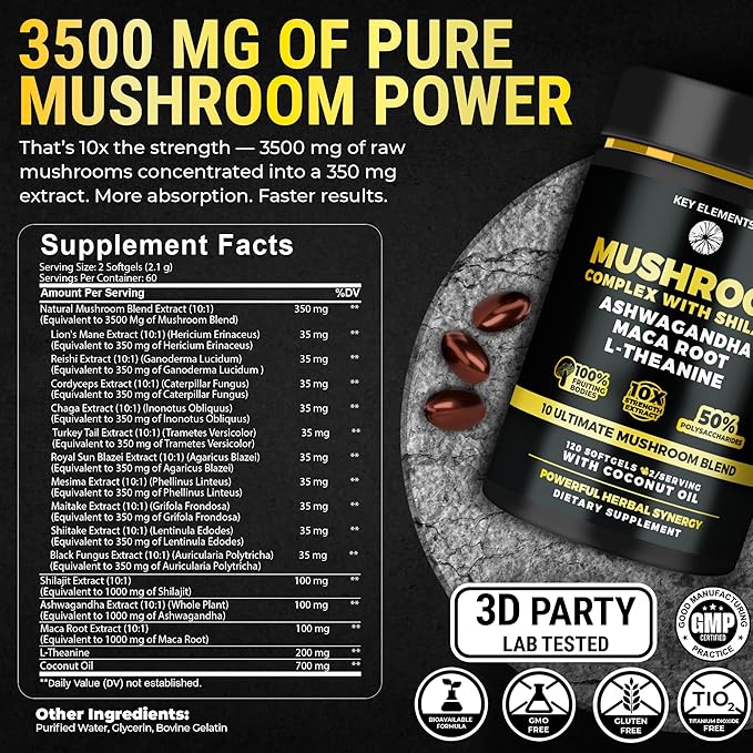 Organic Mushroom Complex with Shilajit & Coconut Oil - Lions Mane Mushroom Supplement with Ashwagandha and L-Theanine - Mushroom Nootropic for Memory, Focus & Immune Mushroom Capsules Softgels