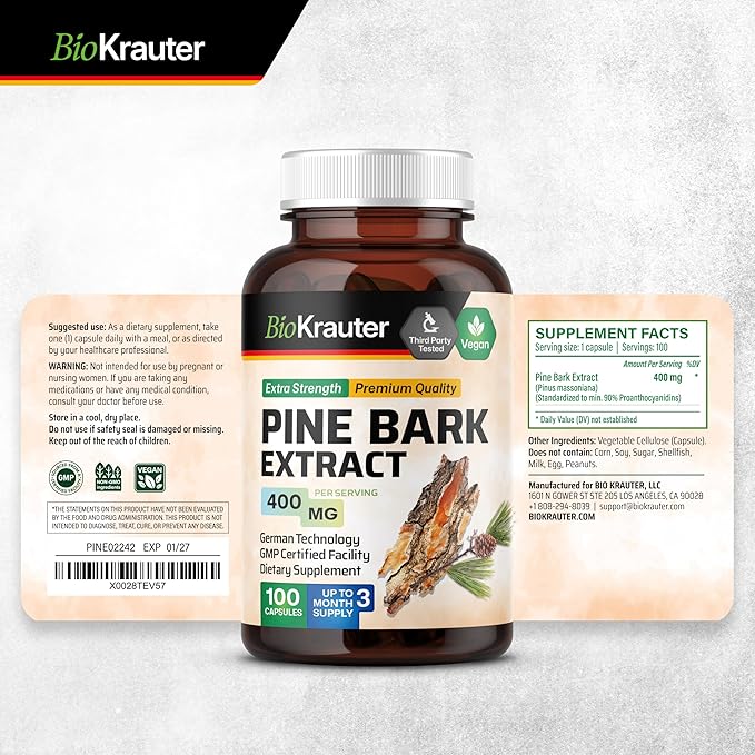 BIO KRAUTER® Pine Bark Extract for Circulatory & Antioxidant Support - Vegan French Maritime Pine Bark Herbal Supplements - Natural Antioxidants & Skin Support - 400 mg per Serving, 100 Сapsules