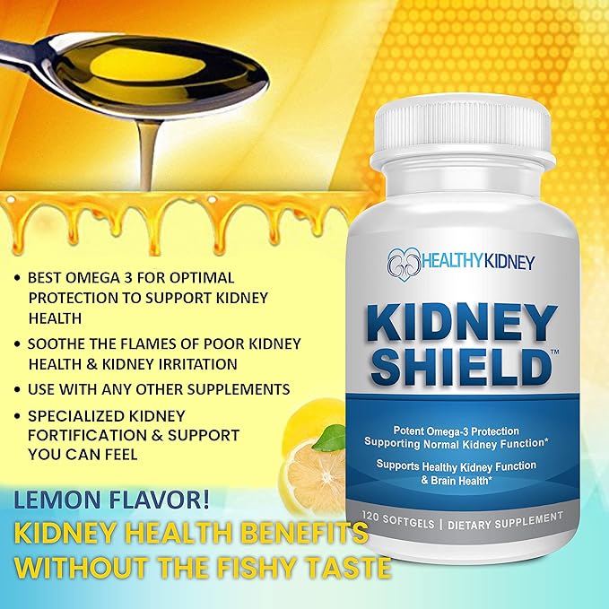 Kidney Shield Omega 3 Fish Oil Supplements - DHA EPA Omega 3 Supplement for Women & Men Kidney Health - Omega3 to Support Normal Kidneys Function & Cleanse, Detox & Repair - 120 Lemon Softgels