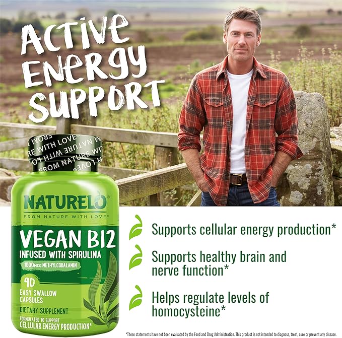 NATURELO Vegan B12 - Methyl B12 with Organic Spirulina - High Potency Vitamin B12 1000 mcg Methylcobalamin - Supports Healthy Mood, Energy, Heart & Eye Health - 90 Capsules