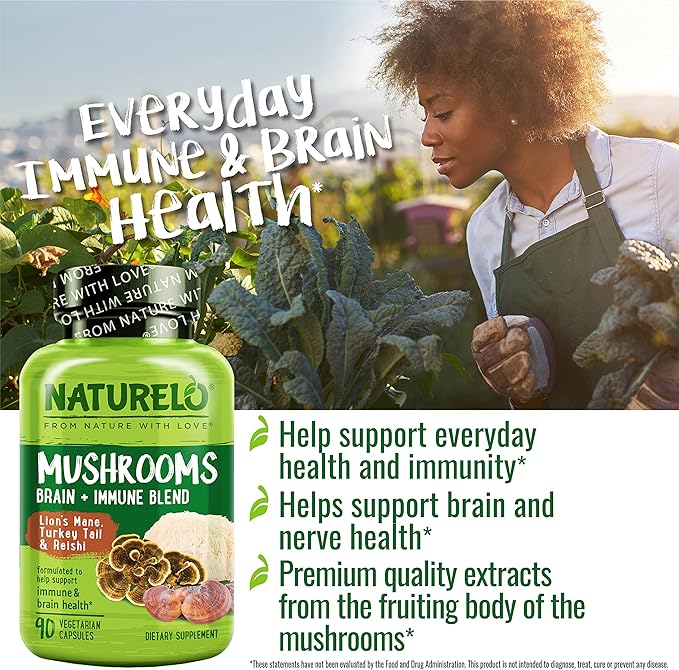 NATURELO Mushroom Supplement Capsules, 90 Ct, Brain & Immune Support, Vegan-Friendly, Lions Mane Supplement Capsules, Lion’s Mane, Reishi, Turkey Tail Blend