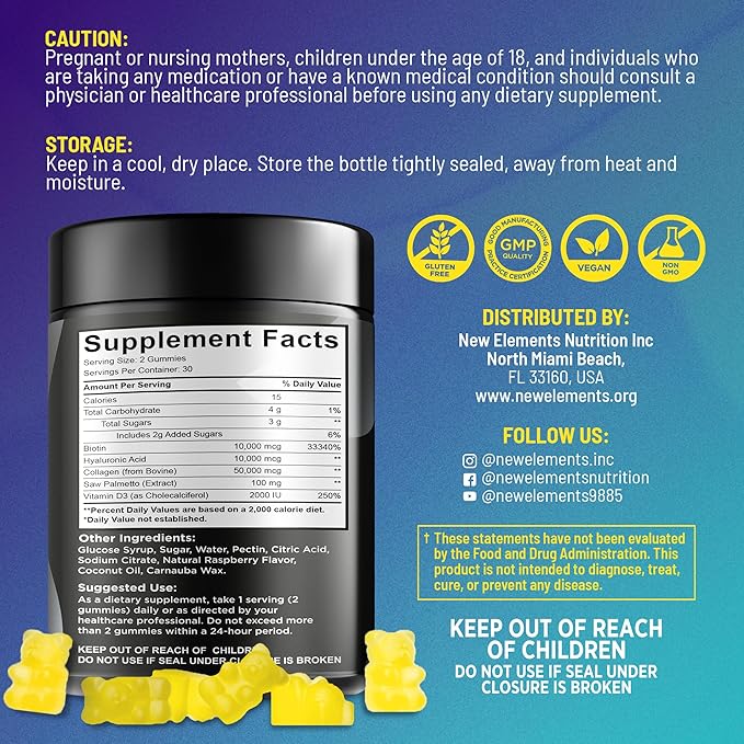 Biotin Gummies with Collagen Vitamin D3 Saw Palmetto & Hyaluronic Acid for Hair Skin and Nails, Hair Growth Supplement for Men & Women | Non-GMO | Gluten-Free | Natural Pineapple Flavor