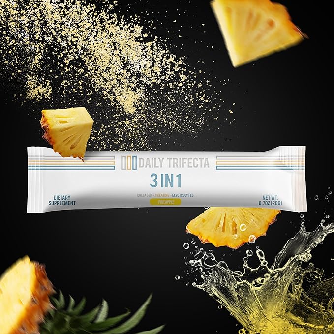 DAILY TRIFECTA 3-in-1 Collagen, Creatine & Electrolyte Stick Packs | Type I Collagen, Creatine Monohydrate, Zero Sugar | 30 Natural Single-Serve Packets | Strength, Hydration & Recovery (Pineapple)
