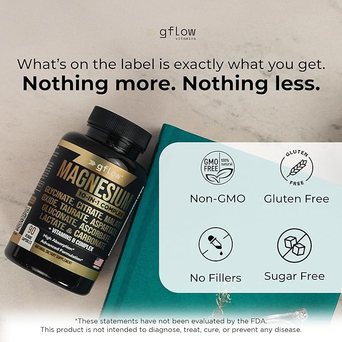 gflow vitamins Magnesium Complex Supplement - 10 Active Forms, Glycinate, Citrate, Malate, Oxide, Taurate, Aspartate, Gluconate, Ascorbate, Lactate, Carbonate, Plus More with Vitamin C B1 B2 B6 B12