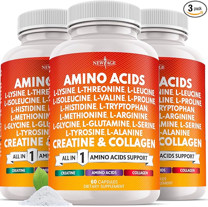 NEW AGE Amino Acids Supplement L-Lysine, L-Threonine, L-Leucine, Isoleucine, Valine, L-Histidine, L-Tryptophan, L-Methionine, L-Arginine, L-Cysteine, L-Glutamine, L-Serine, Aspartic Acid- 180 Count