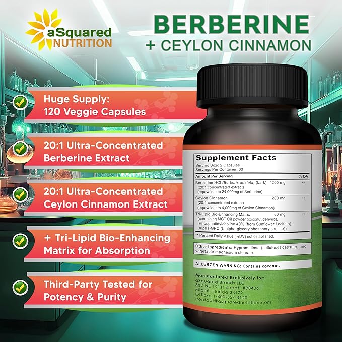 aSquared Nutrition Berberine with Ceylon Cinnamon Supplement - Max Strength Complex - 120 Capsules - Berberine HCl 1200mg Per Serving - Extract Plus Pills Alternative to Gummies & Drops (Pack of 2)