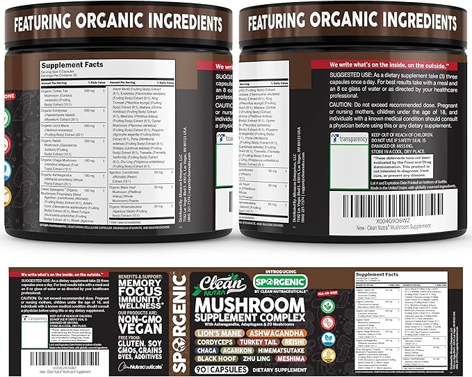 Organic Mushroom Supplement | Ashwagandha Lions Mane Cordyceps Turkey Tail Reishi Mushrooms Maca Root Black Hoof Chaga Tremella Agarikon Shiitake Oyster Powder Capsules Sporgenic By Clean Nutra (1)
