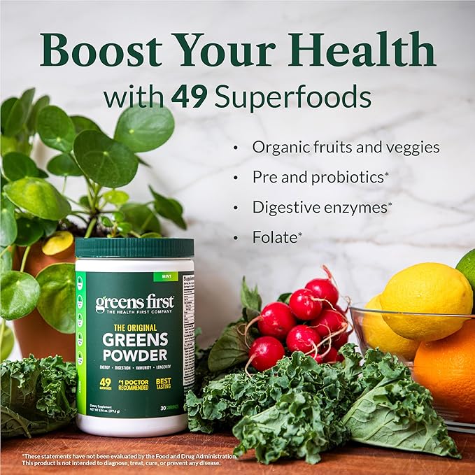 Greens First Original Greens Powder - 49 Superfoods - Organic Fruits & Veggies - Prebiotics, Probiotics & Digestive Enzymes - Antioxidant Smoothie - Dairy Free, Vegan & Non-GMO - Berry - 60 Servings