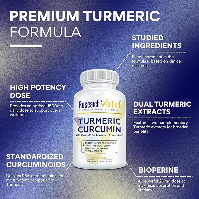 Research Verified Turmeric Curcumin Supplement with Black Pepper (BioPerine) - High Potency Curcumin - Antioxidant, Joints & Daily Wellness - 60 Vegan Turmeric Capsules - Made in USA - 3 Month Supply