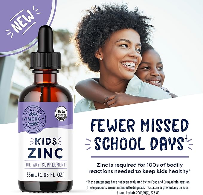 VIMERGY Kids USDA Organic Liquid Zinc Sulfate – for Children & Adolescence 1-18 Years Old, Fast-Absorbing Immune Support* – Promotes Healthy Bones, Hair & Skin. Kosher, Vegan, Non-GMO – 55 mL