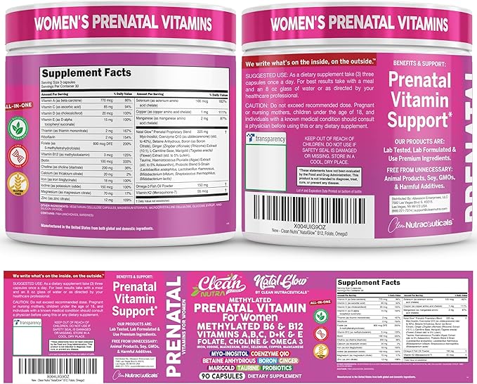 Natal Glow Methylated Prenatal Vitamins for Women Folate Omega 3 Vitamins A B12 C D3 E K2 Iron Riboflavin Biotin Choline Calcium Iodine Magnesium Zinc Selenium Copper Manganese by Clean Nutra