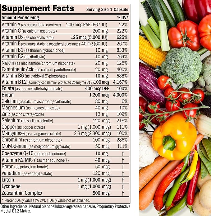 ANDREW LESSMAN Essential-1 nuonce max Multivitamin 5000 IU Vitamin D3 360 Small Capsules. 100 mcg Methyl B12. CoQ10 Lutein Lycopene Zeaxanthin. High Potency. No Additives. Ultra-Mild One Daily Capsule