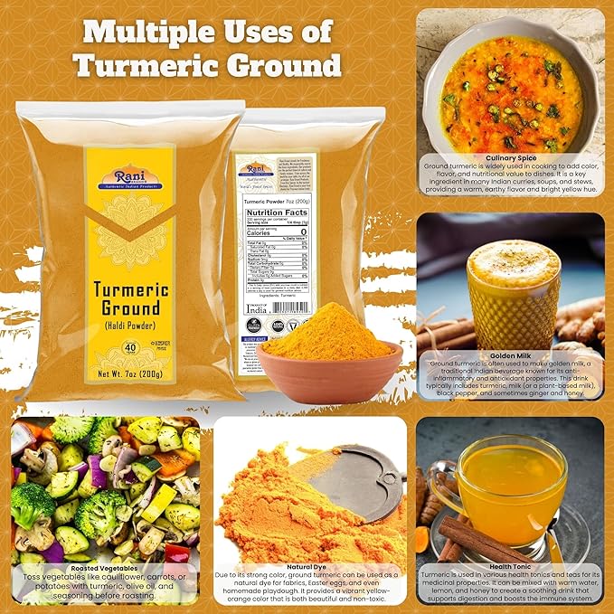 Rani Turmeric (Haldi) Root Powder Spice, (High Curcumin Content) 7oz (200g) ~ All Natural | 100% Pure, Salt Free | Vegan | Gluten Friendly | NON-GMO | Kosher | Indian Origin