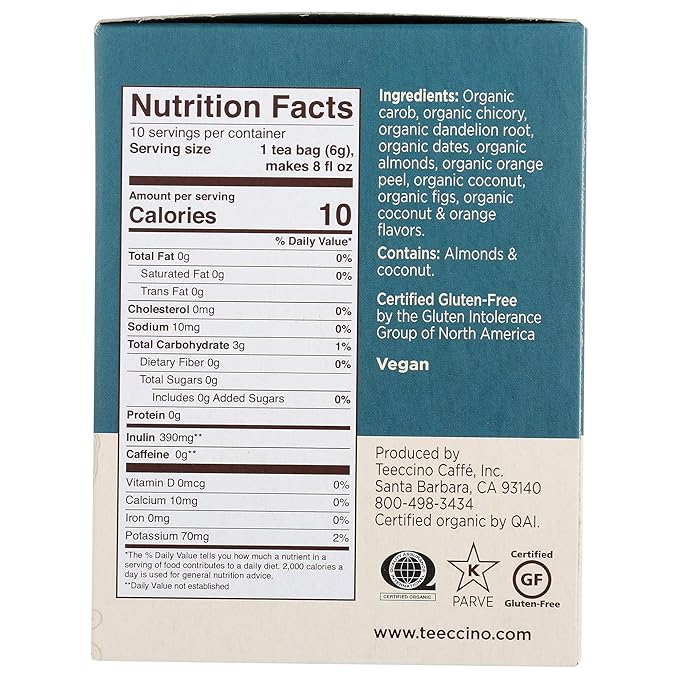 Teeccino Dandelion Coconut Tea - 10 Tea Bags - Caffeine Free, Roasted Herbal Tea with Prebiotics, 3x More Herbs than Regular Tea Bags, Gluten Free
