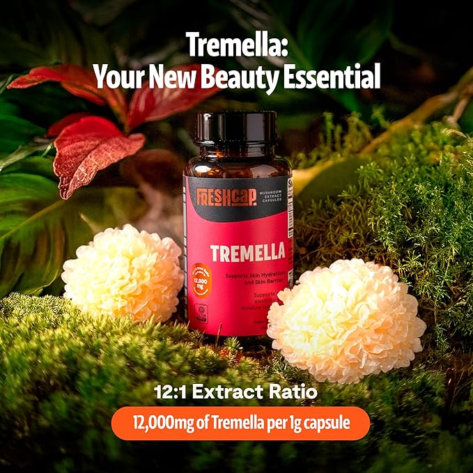 Tremella Mushroom Capsules 12,000 mg – Organic Snow Mushroom for Hair, Skin, and Nails Hydration, Radiance, & Elasticity – Functional Mushroom Supplement, Extract 12:1, 40% Beta Glucans (60 Capsules)