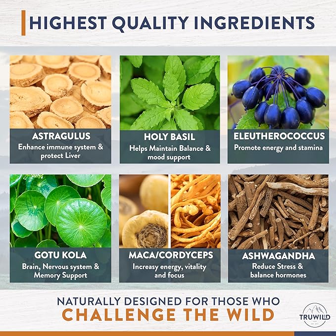 TruWild Adaptogen Blend with Cordyceps Maca Ashwagandha - Full Spectrum Mushroom Blend for Daily Support and Function, All Natural Formula with 7 Key Ingredients, 60 Capsules