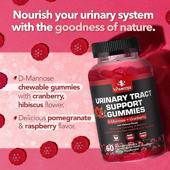 Potent Cranberry Gummies with D Mannose - Urinary Tract Health for Women & Men, Urinary Flush & Bladder Fast-Acting Support Supplements with Hibiscus Powder, 60 Count