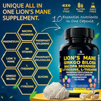 Organic Lions Mane Supplement Capsules - 240 Real Mushrooms Lion's Mane Capsules with Ginkgo Biloba Herb, Bacopa Monnieri, L Theanine, L Tyrosine - Mushroom Complex for Daily Wellness