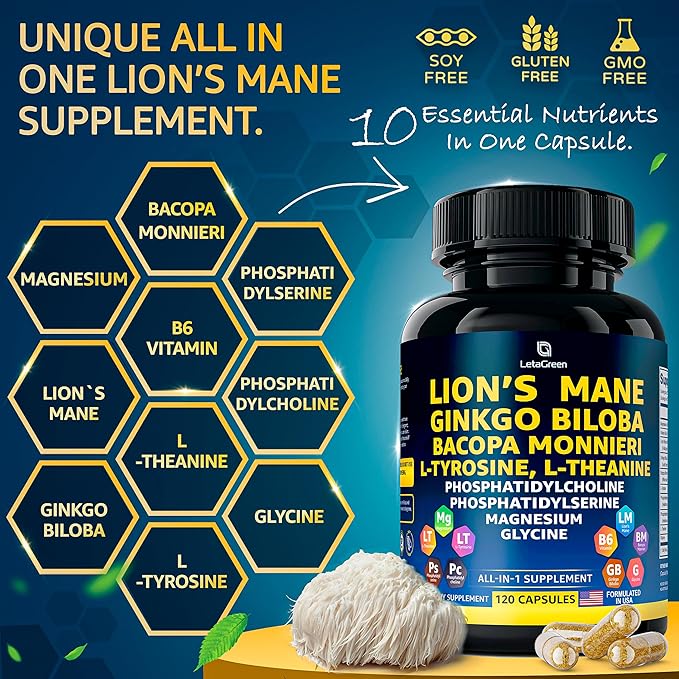 Organic Lions Mane Supplement Capsules - 240 Real Mushrooms Lion's Mane Capsules with Ginkgo Biloba Herb, Bacopa Monnieri, L Theanine, L Tyrosine - Mushroom Complex for Daily Wellness