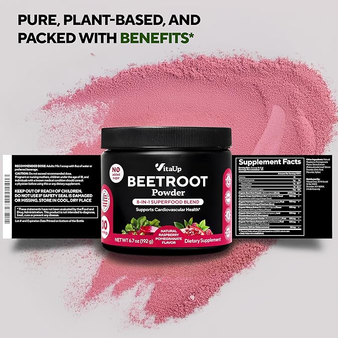 Beet Root Powder 8 in 1 – USA Made Beets Powder Supplements with Grape Seed, Hawthorn, Coq10 – with Organic Beetroot for Energy & Circulation Support – Non-GMO, 30 Serving